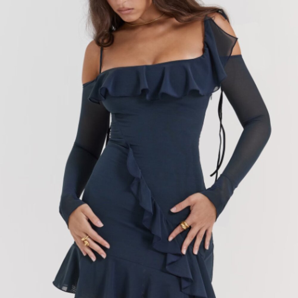 House of CB Kiki French Ruffle Mini Dress in Navy, Size Small